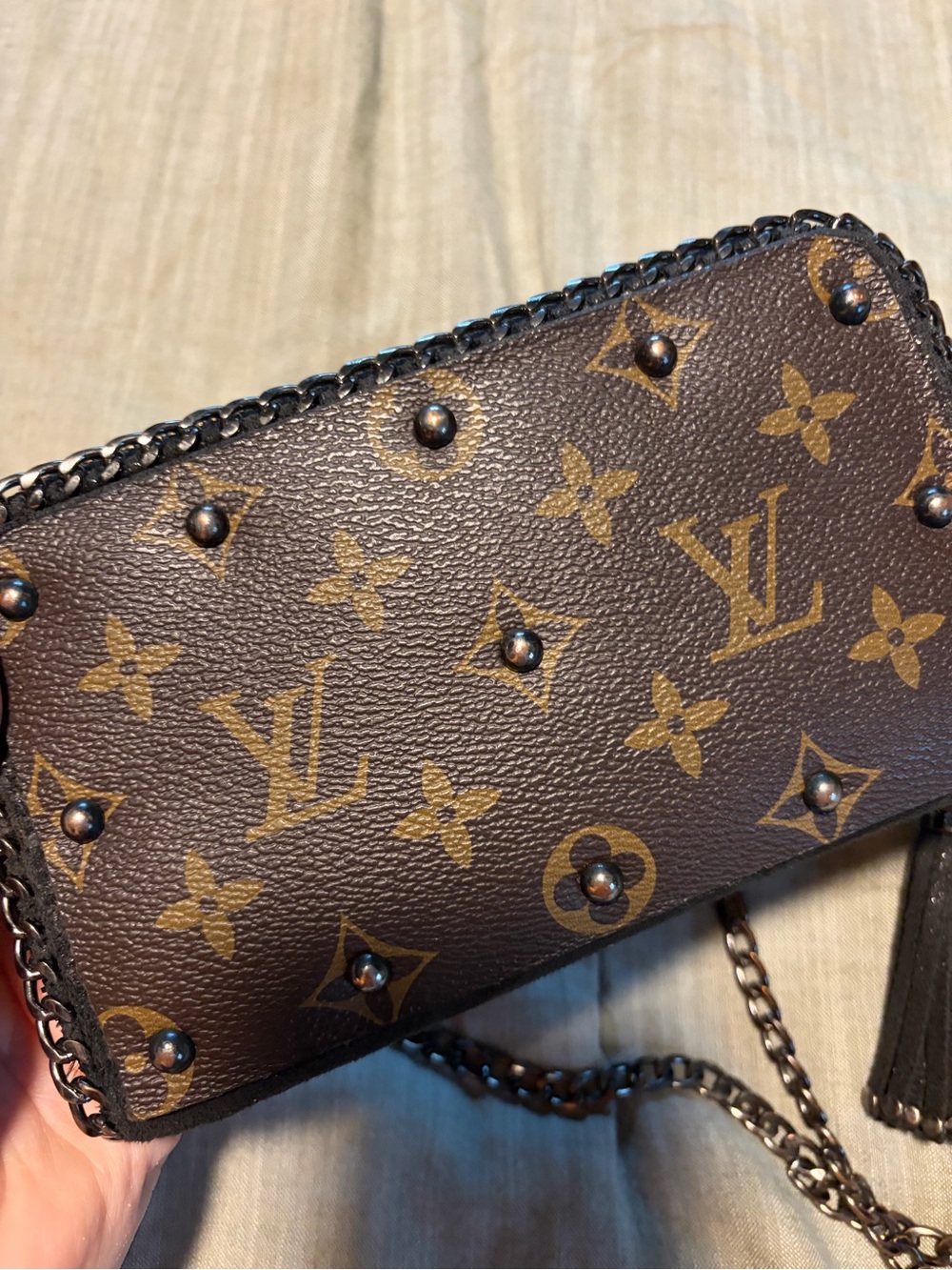 Repurposed Luis Vuitton Brown Monogram Crossbody Bag with Studs and Tassel - Picture 3 of 13